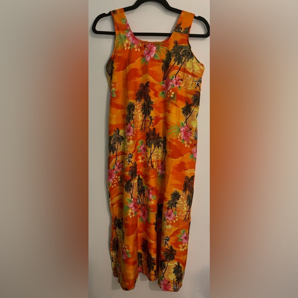 Puerto Rico Womens Dress Hawaiian Midi Tie Back Ankle Slits Orange Yellow Sz Med
